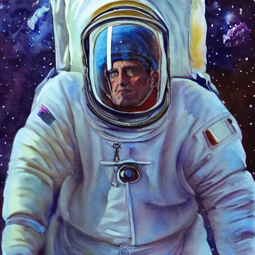 Prompt: pope in space. watercolor. dramatic. amazing painting. formal. beautiful. high resolution. highly realistic. close - up. trending on artstation