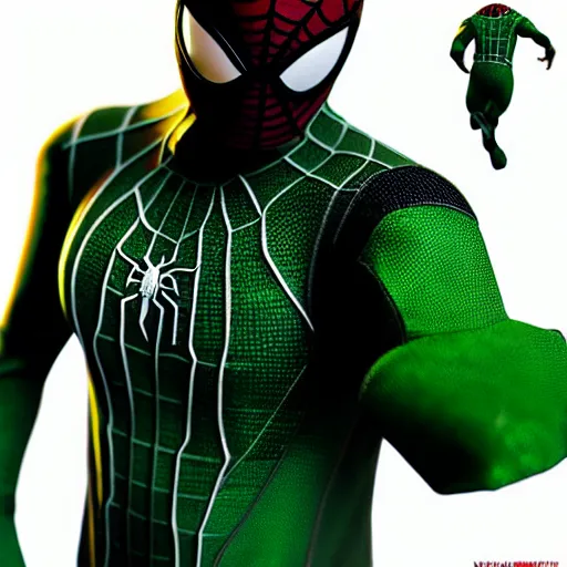 Image similar to green spider - man suit with black web lining, cinematic, volumetric lighting, realistic, hyperdetailed, photorealistic, photograph