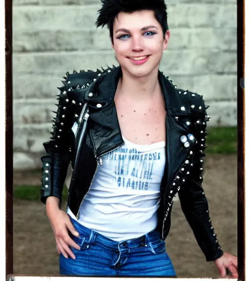 Prompt: a professional portrait of thalia grace, a teenage white girl with electric blue eyes, short choppy spiky black hair, a smirk, freckles, a silver circlet in her hair, a leather jacket, and a punk style