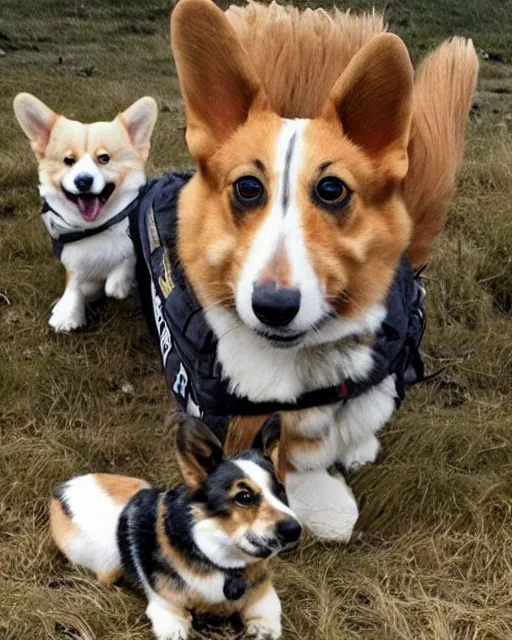 Prompt: photos of warriors riding happy looking corgi dogs into battle, photorealistic, cinematic, in the style of peter jackson