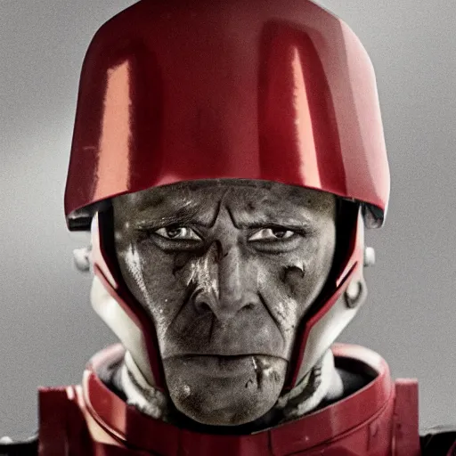 Prompt: portrait of a 5 0 year old soldier wearing vertical slits on his nose, angular eyebrows, blood - spattered glossy sleek white dinged scuffed armor and a long torn red cape, heroic posture, battle - weary, strained expression, determined expression, no helmet, on the surface of mars, dramatic lighting, cinematic, sci - fi, hyperrealistic, detailed