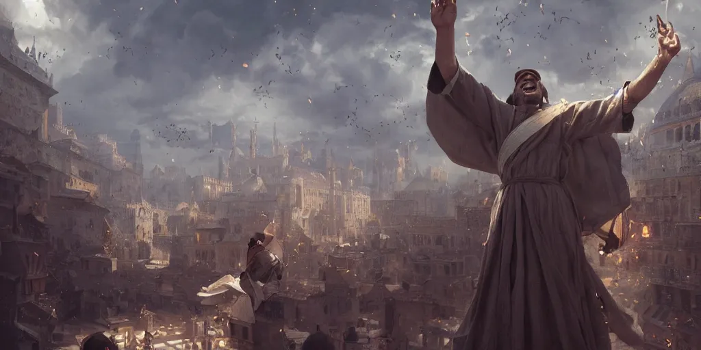 Image similar to man in robes throwing mamluk cards into the air, cards in the breeze, swarm of cards, cloud of cards, fantasy art by greg rutkowski, soft lighting, volumetric lighting