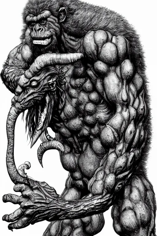 Image similar to humanoid hunched figure troll with 1 horn, ogre, ape, highly detailed, digital art, sharp focus, trending on art station, kentaro miura manga art style