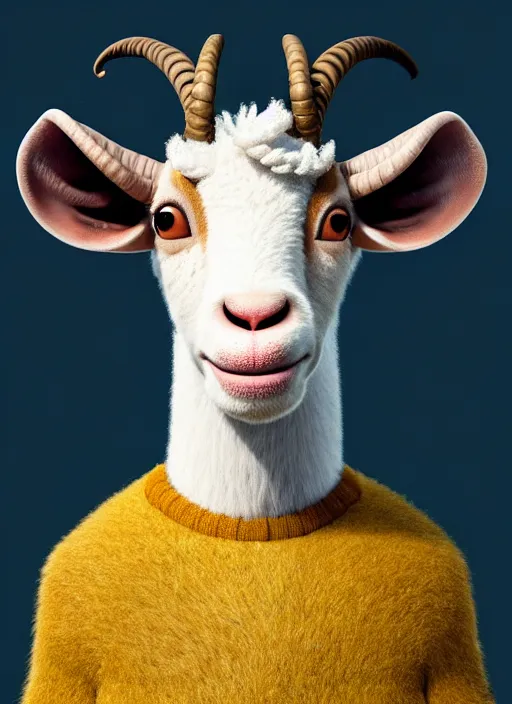Image similar to anthropomorphic portrait of will smith as a goat, au naturel, hyper detailed, digital art, trending in artstation, cinematic lighting, studio quality, smooth render, unreal engine 5 rendered, octane rendered, art style by klimt and nixeu and ian sprigger and wlop and krenz cushart and pixar and riot and love death & robots