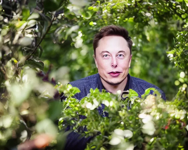 Image similar to 8 5 mm photography of elon musk as an avocado near a garden with sand with dof and bokeh and flowers