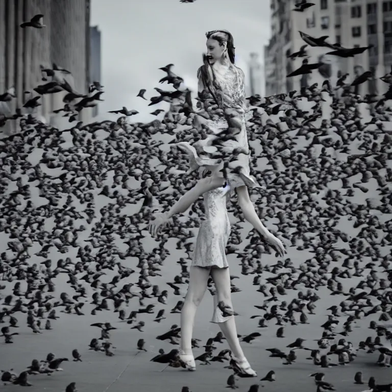 Image similar to “woman wearing a dress that is turning into a flock of pigeons, high fashion, detailed photo, 4K HD, set in NYC”