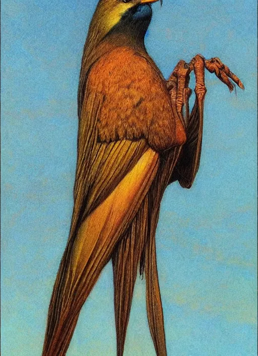 Prompt: a bird with two human hands, hyperrealism, no blur, 4 k resolution, ultra detailed, style of carlos schwabe