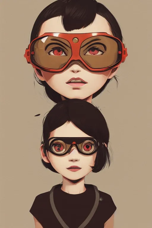 Image similar to face of a beautiful girl wearing goggles, brown skin, symmetrical, ilya kuvshinov, jamie hewlett, yoji shinkawa, muted colors, portrait, beautiful detailed illustration, 17th century oil painting, flat colors, studio ghibli, cel shading, loish, pop art,