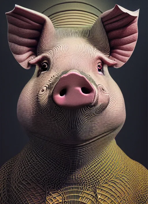 Image similar to hyper detailed 3d render like an Oil painting - Portrait of a Pig in a tuxedo by Jacek Yerka, Mariusz Lewandowski, Houdini algorithmic generative render, Abstract brush strokes, Masterpiece, Edward Hopper and James Gilleard, Zdzislaw Beksinski, Mark Ryden, Wolfgang Lettl, hints of Yayoi Kasuma, octane render, 8k