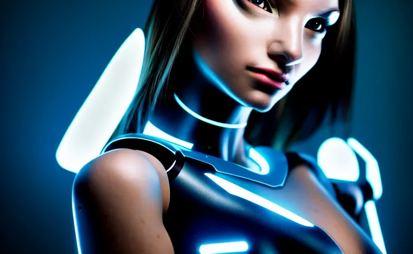 Prompt: medium shot cinematic flash photography, photograph of incredibly beautiful and alluring female cyborg looking into camera. smooth, elegant, sharp focus H 1216