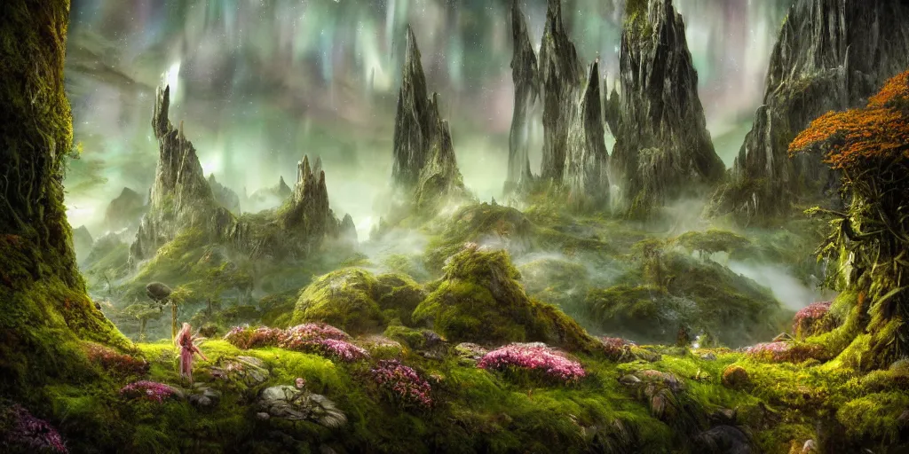 Image similar to fairyland scenery landscape, lord of the rings, aurora borealis, mist, monoliths, flowers, mushroom structures, moss highly detailed, vivid color, perfect lighting, perfect composition, 8 k, brian froud, artgerm, derek zabrocki, greg rutkowski