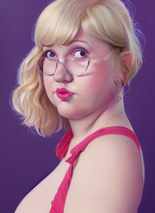 Image similar to full body portrait, teenage betty cooper, blonde hair, obese, bangs, ponytail, sultry, realistic, sultry smirk, fluffy bangs, curly bangs, fat, belly, beautiful girl, intricate, elegant, highly detailed, digital painting, artstation, concept art, smooth, sharp focus, illustration, art by wlop, mars ravelo and greg rutkowski