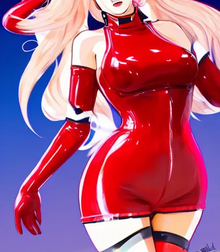Image similar to beautiful wide angle full body illustration of Ann Takamaki from Persona 5 in red latex outfit in the style of stanley artgerm