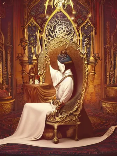 Prompt: the high priestess sitting in her throne. yin and yang inside an castle. intricate, elegant, highly detailed, digital painting, artstation, concept art, sharp focus, illustration, by justin gerard and artgerm, 8 k