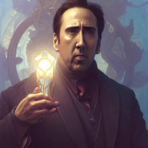 Image similar to Nicholas Cage, cinematic lighting, intricate, elegant, highly detailed, digital painting, artstation, smooth, sharp focus, illustration, art by artgerm and greg rutkowski and alphonse mucha and Wayne Barlowe and william-adolphe bouguereau