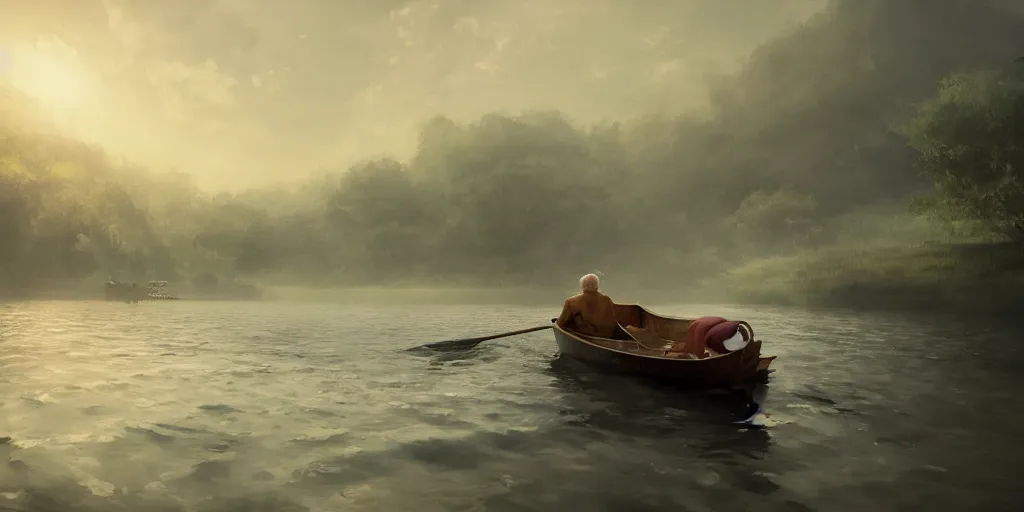 Image similar to bathtub, an old man in a rowboat circling the drain, detailed oil painting, cinematic angle, hyperrealistic, breathtaking, volumetric lighting, cinematic lighting, dynamic, Studio Ghibli, digital art, octane render, epic composition, trending on artstation, masterpiece