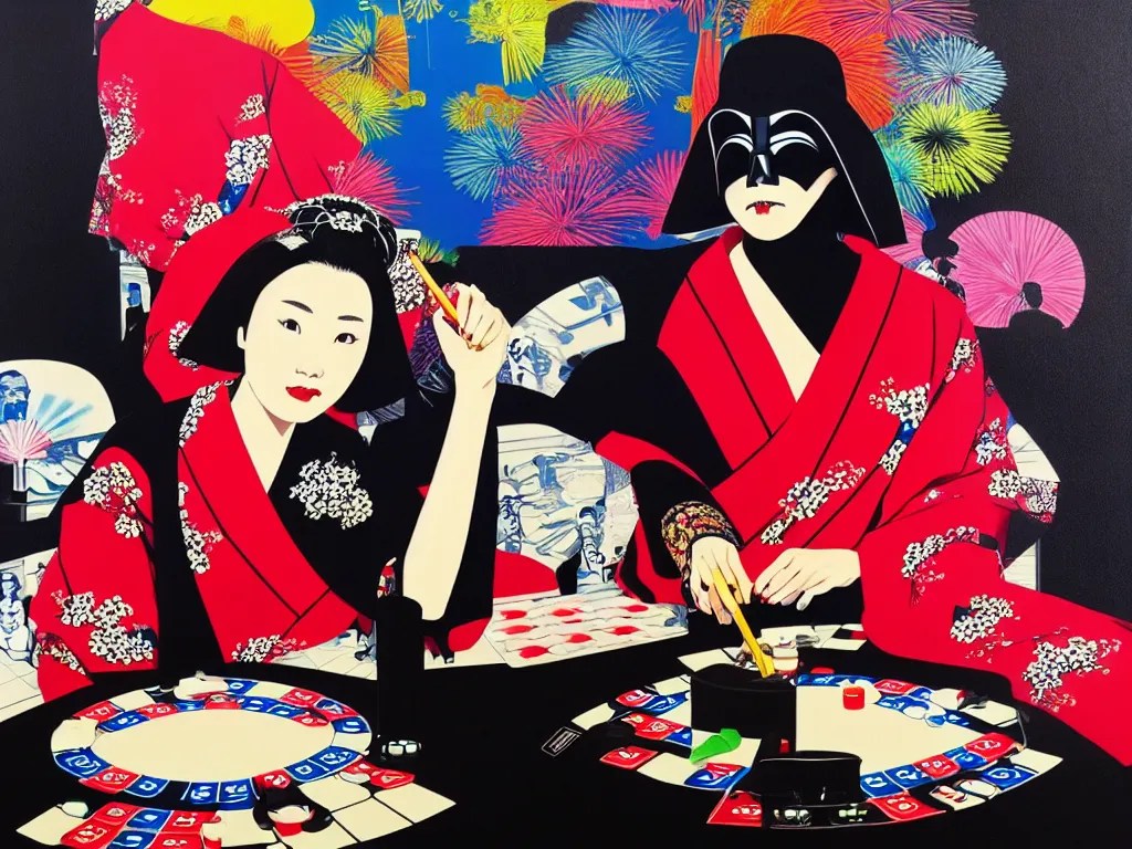 Image similar to hyperrealistic composition of the detailed woman in a japanese kimono sitting at a poker table with detailed darth vader, fireworks, mount fuji on the background, pop - art style, jacky tsai style, andy warhol style, acrylic on canvas