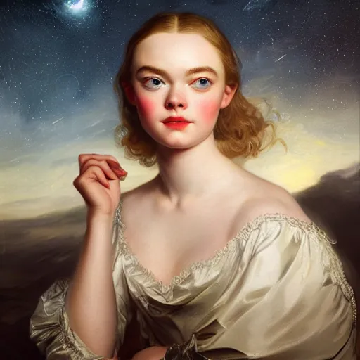 Prompt: leyendecker and peter paul rubens, head and shoulders portrait of a elle fanning, nighttime, starry sky reflection on water, unreal engine, fantasy art by global illumination, radiant light, detailed and intricate environment