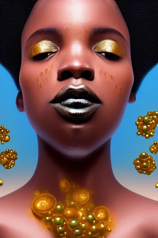 Prompt: hyperrealistic precisionist cinematic profile very expressive! black oshun goddess, in water! up to shoulders, mirror dripping droplet!, gold flowers, highly detailed face, digital art masterpiece, smooth eric zener cam de leon, dramatic pearlescent turquoise light on one side, low angle uhd 8 k, single focus