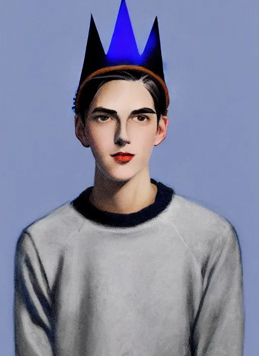 Image similar to portrait of teenage jughead jones wearing a light grey crown, crown, blue turtleneck, 1 9 5 0 s, closed eyes, photorealistic, black hair, glowing lighting, intricate, elegant, glowing lights, highly detailed, digital painting, artstation, concept art, smooth, sharp focus, illustration, art by wlop, mars ravelo and greg rutkowski