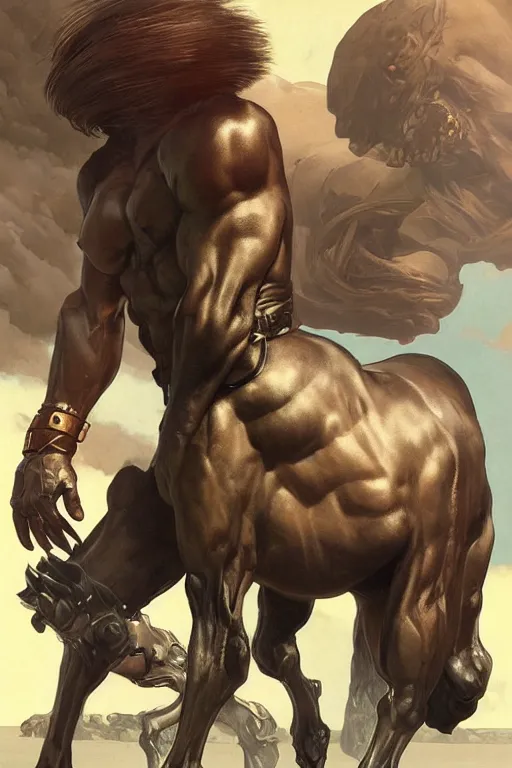 Prompt: portrait of hulking anthro horse whose physique is bursting with muscle, leather catsuit, test subject, monstrous, full body, sci - fi, highly detailed, digital painting, artstation, concept art, sharp focus, illustration, art by artgerm and greg rutkowski and alphonse mucha