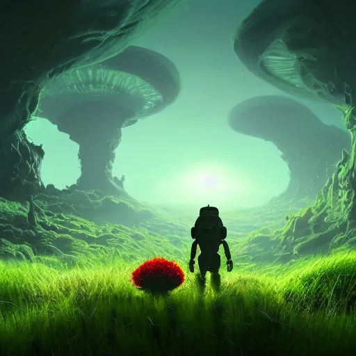 Image similar to a plant creature, plant filaments and flowers, walking on an alien planet with aliens plants, looking at an alien breathtaking landscape, cinematic lighting, concept art, artstation