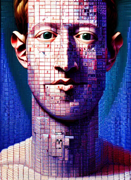 Image similar to hyper detailed 3d render like an Oil painting - Portrait of Mark Zuckerberg hooked up to a mainframe by Jacek Yerka, Mariusz Lewandowski, Houdini algorithmic generative render, Abstract brush strokes, Masterpiece, Edward Hopper and James Gilleard, Zdzislaw Beksinski, Mark Ryden, Wolfgang Lettl, hints of Yayoi Kasuma, octane render, 8k