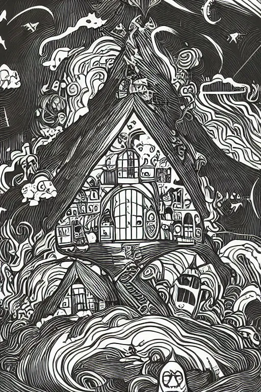 Prompt: mcbess illustration of a magical, mystical wizards house full of potions, rainbow gouache