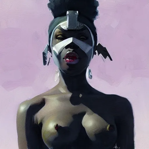 Image similar to greg manchess portrait painting of african yorha type a no. 2 as african tracy from overwatch, back shot, asymmetrical, profile picture, organic painting, sunny day, matte painting, bold shapes, hard edges, street art, trending on artstation, by huang guangjian and gil elvgren and sachin teng