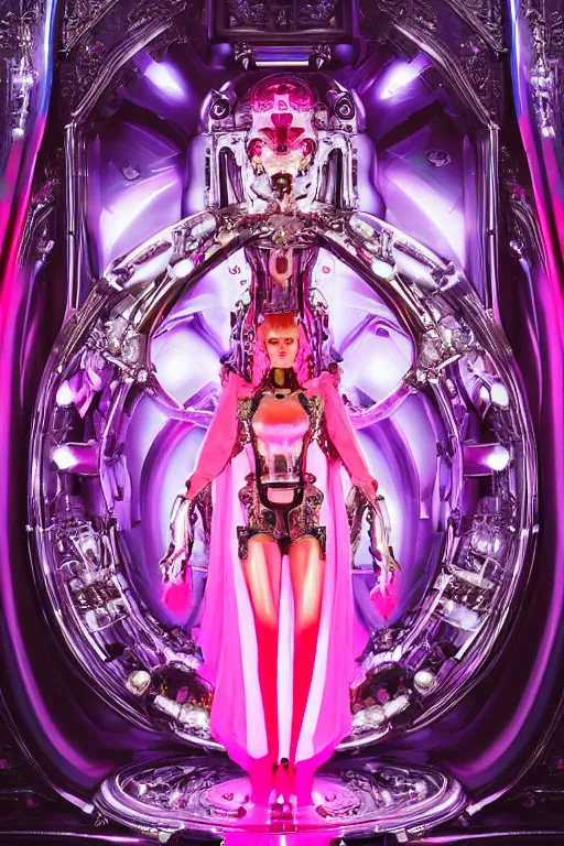 Prompt: full-body baroque and bladerunner style pink neon and chrome statue of a beautiful pale priestess robot goddess humanoid wearing a see-through silk kimono, glowing peach face, street hoody of red steampunk lasers, emeralds, swirling silver silk fabric. futuristic elements. oozing glowing liquid, full-length view. space robots. human skulls. throne made of bones, intricate artwork by caravaggio. Trending on artstation, octane render, cinematic lighting from the right, hyper realism, octane render, 8k, depth of field, 3D