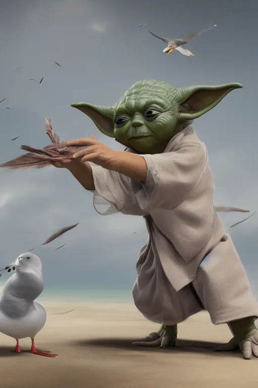 Image similar to Yoda smacking a seagull with a stick, hyperdetailed, artstation, cgsociety, 8k