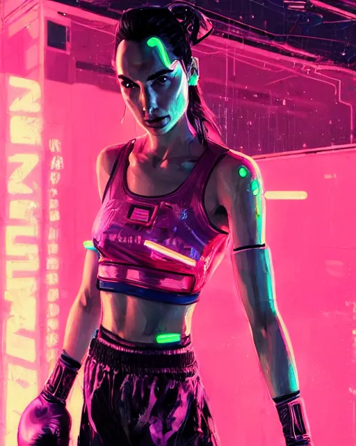 Image similar to detailed portrait Gal Gadot Neon boxer , cyberpunk futuristic neon, reflective crop top and shorts, boxing gloves, decorated with traditional Japanese ornaments by Ismail inceoglu dragan bibin hans thoma greg rutkowski Alexandros Pyromallis Nekro Rene Maritte Illustrated, Perfect face, fine details, realistic shaded, fine-face, pretty face