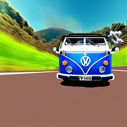 Image similar to a caricature drawing of a vw volkswagen bus, camper, bulli, type - 2, microbus, kombi, flying towards the camera, jumping at the viewer, dynamic action shot, fish - eye lense, frontal, a vulcano is erupting in the background