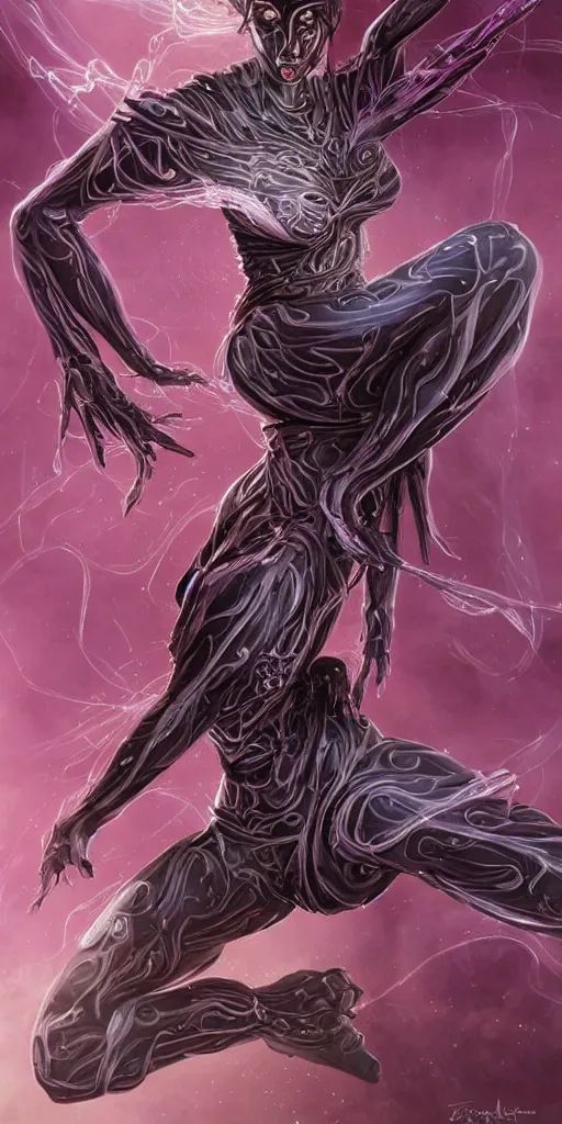 Image similar to comic art,Sprial, a female six-armed Mutate and Cyborg Sorcereress dancing in the air,beautiful and terrifying,melting,full character design,8k,by Stanley Artgermm,Tom Bagshaw,Travis Charest,Carne Griffiths,Ron English,Linsey Levendall,trending on DeviantArt,face enhance,hyper detailed,minimalist,full of colour,cinematic,dynamic lighting