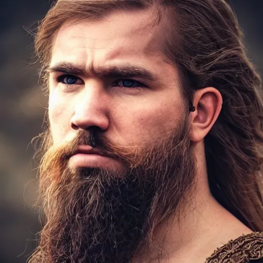 Prompt: hyperrealistic photograph of a brown-haired viking Drake, 8k, profile picture, cinematic, high contrast, epic real fantasy, stoic facial expression, looking at the camera