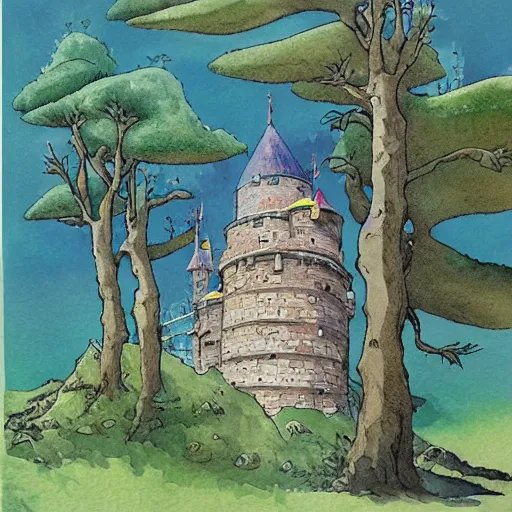 Prompt: laputa castle in the sky hayao miyazaki stands in a small clearing among trees, watercolor illustration for a book