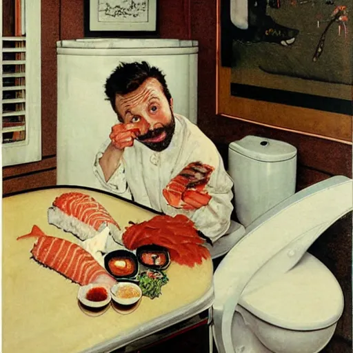 Image similar to Charlie Day eating sushi out of a white toilet bowl, Norman Rockwell,