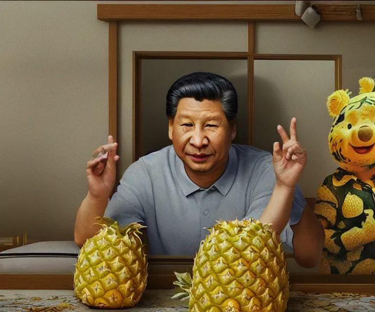 Prompt: hyperrealism pineapple express movie still photography of real detailed xi jinping with detailed face smoking detailed weed in detailed basement bedroom with winnie the pooh hyperrealism photography by araki nobuyoshi