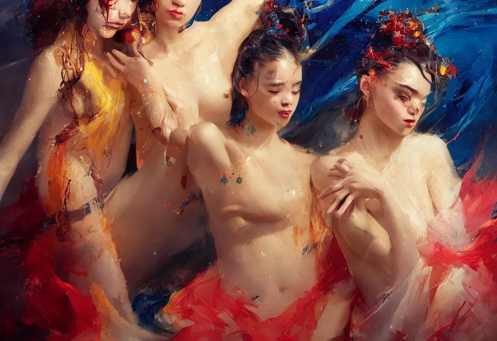 Image similar to full body portrait of a duo of 1 9 years old girl figures, oriental tattoos, jeweled ornament over forehead, subject wearing a used bedsheet, flowing, beautiful, dramatic, theatrical, cinematic lighting, ultramarine, lemon, fire red, few vivid highlights, visible brushstrokes, by greg rutkowski and jeremy mann, artstation, oil on canvas