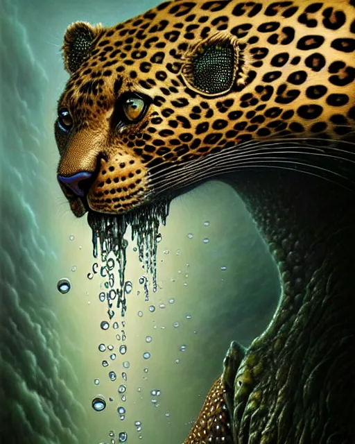 Image similar to a detailed portrait of dreampunk leopard crocodile hybrid mix beautiful! water droplets by tomasz alen kopera and peter mohrbacher