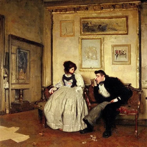 Image similar to a man and a woman solving an escape room puzzle alfred stevens