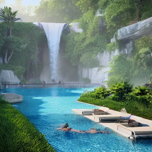 Image similar to a large swimming pool with a waterfall in the middle of it, a digital rendering by ricardo bofill, featured on tumblr, aestheticism, vray, sanctuary, rendered in unreal engine