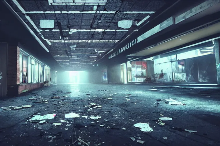 Image similar to low angle photo of a abandoned cyberpunk shopping mall with dead human bodies on the roof, cinematic lightning, ray tracing, unreal engine, photorealistic, detailed, dark, moody, foggy, scary