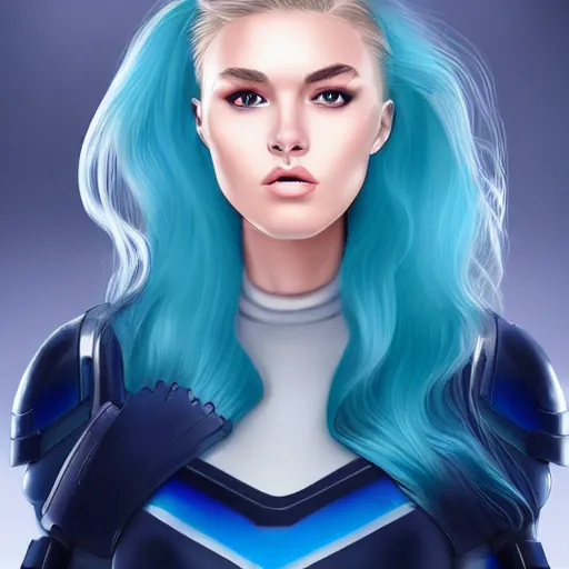 Image similar to a stunning upper body portrait of a beautiful young woman wearing futuristic navy blue and teal battle bodyarmor with ombre bleach blonde hairstyle blowing in the wind by marvel comics, digital art, trending on artstation