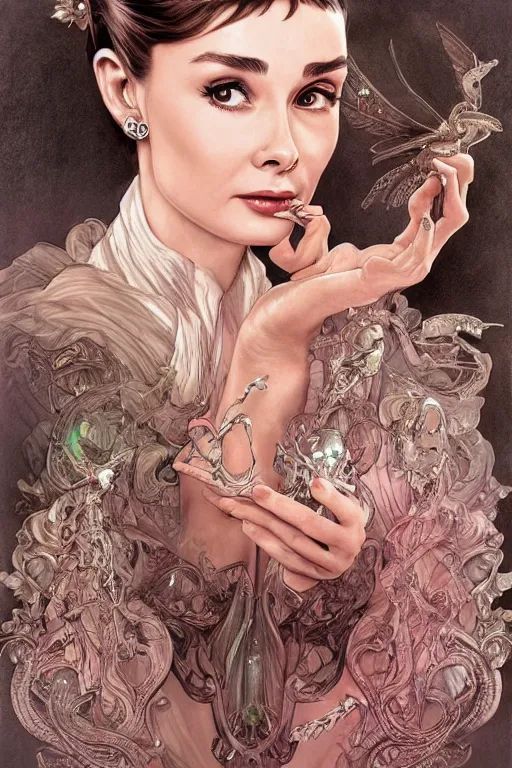 Prompt: audrey hepburn, cute, fantasy, intricate, elegant, highly detailed, digital painting, 4k, HDR, concept art, smooth, sharp focus, illustration, art by artgerm and H R Giger and alphonse mucha