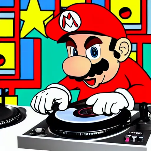 Image similar to svg sticker of a Pop-Wonder SuperMario, Mario-Wearing-a-red-hat, at a rave, spinning records, giant headphones rocking out, wearing headphones, huge speakers, dancing, rave, DJ, spinning records, digital art, amazing composition, rule-of-thirds, award-winning, trending on artstation, featured on deviantart