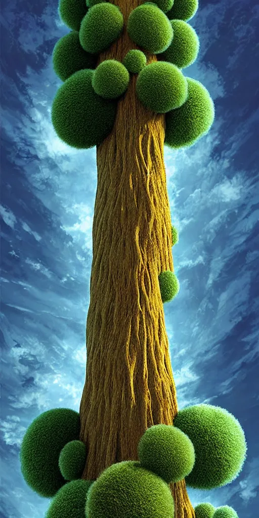 Image similar to an impossibly tall pompom tree with an extremely long trunk looming above the viewer, viewed from below, digital illustration by artgerm and rutkowski and kunstler, surreal, photorealistic