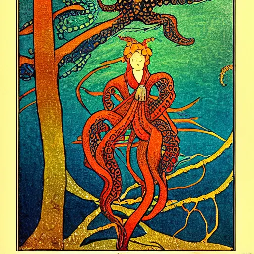 Image similar to ivan bilibin and edmund dulac and ilya kuvshinov inspired print of octopus