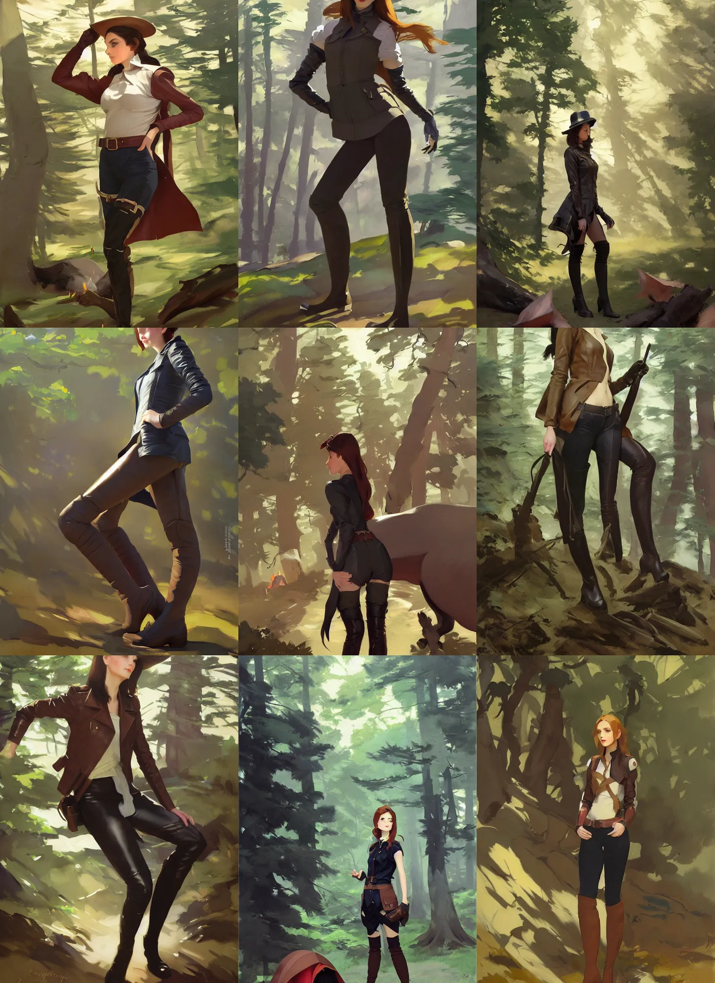 Prompt: cloth fabric jodhpurs knee high boots leather jacket, camping in forest greg manchess painting by sargent and leyendecker, studio ghibli, fantasy, medium shot, asymmetrical, intricate, elegant, matte painting, illustration, hearthstone, by greg rutkowski, by greg tocchini, by james gilleard, by joe fenton