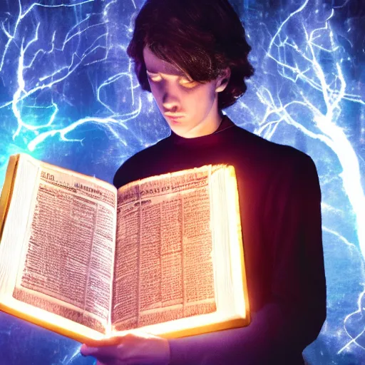 Image similar to a handsome young dark sorcerer casting a necromancer spell, evil glowing spellbook, photorealistic 35mm